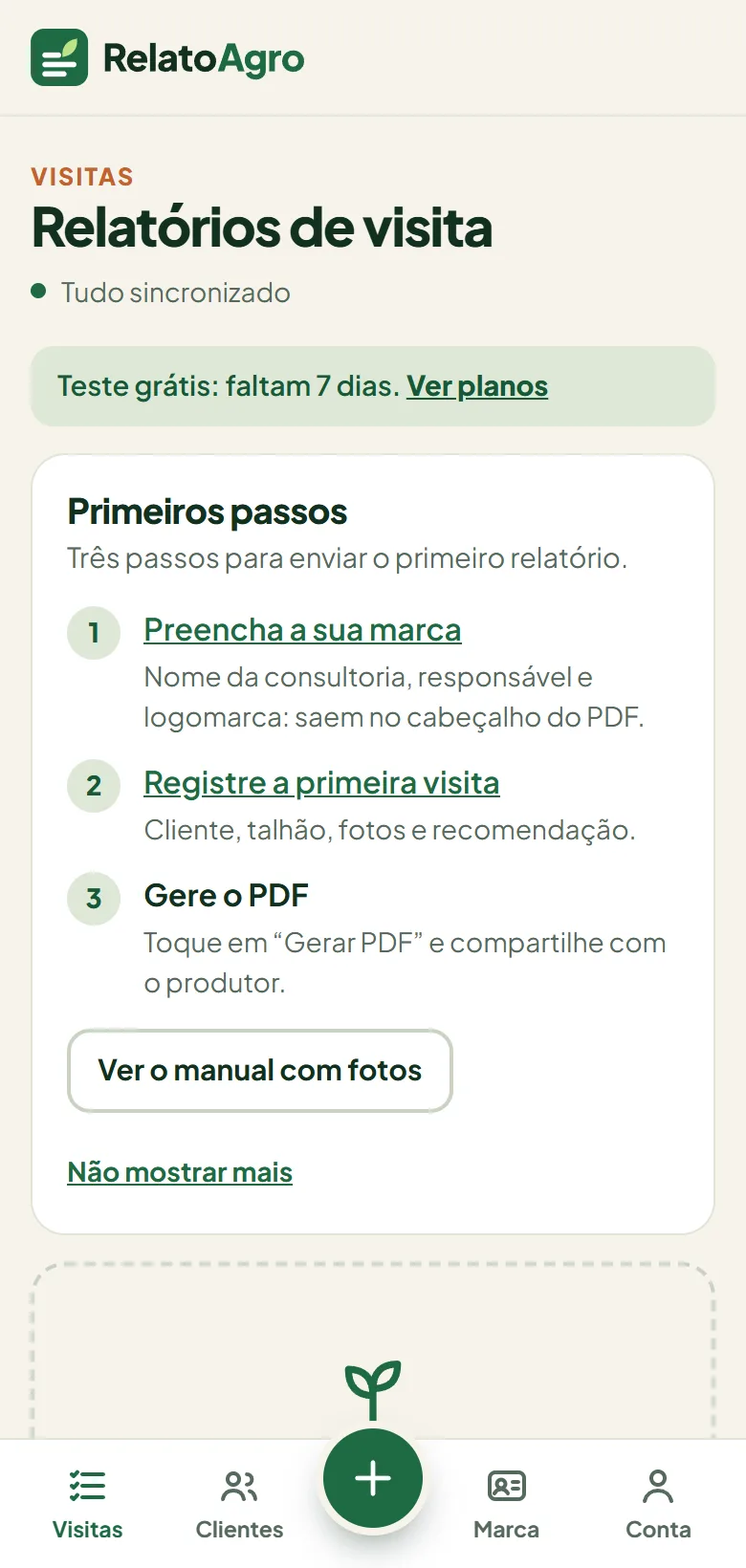 Tela inicial com o cartão Primeiros passos