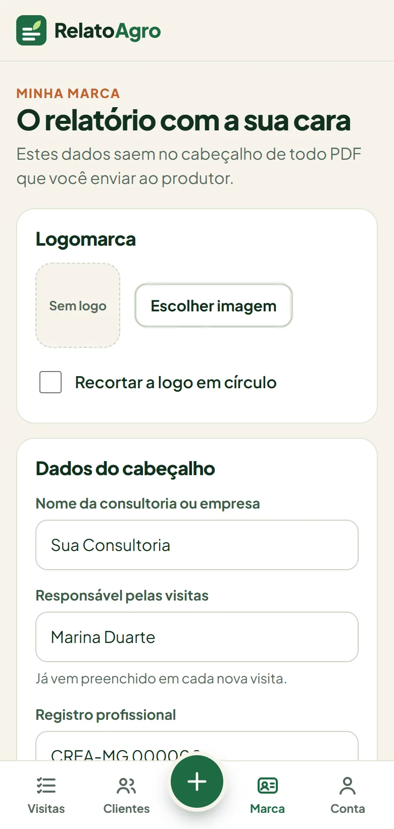 Tela Minha marca, com logomarca e dados do cabeçalho