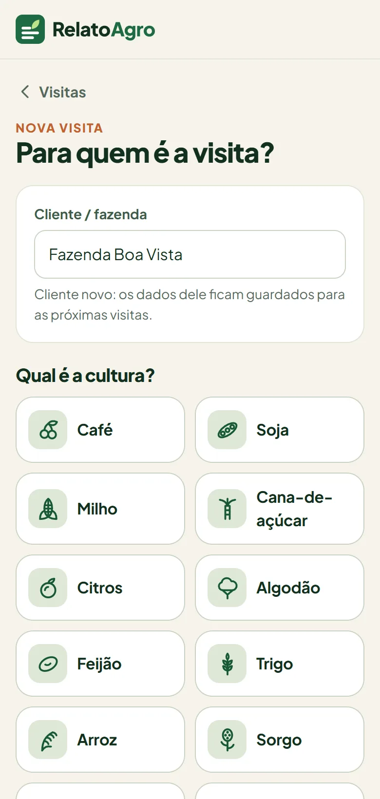 Tela de nova visita com o nome do cliente e a lista de culturas