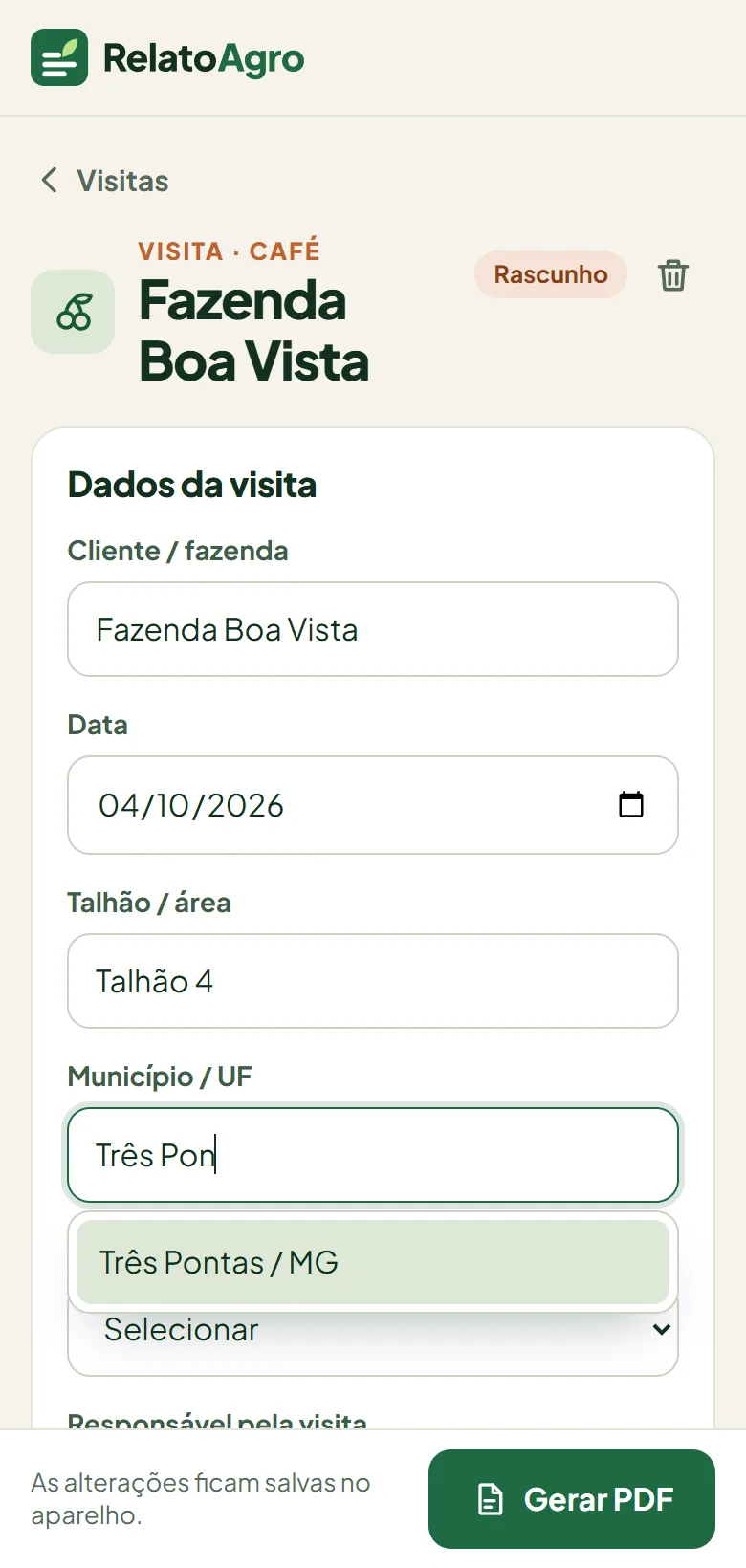 Campo de município mostrando a lista de cidades ao digitar