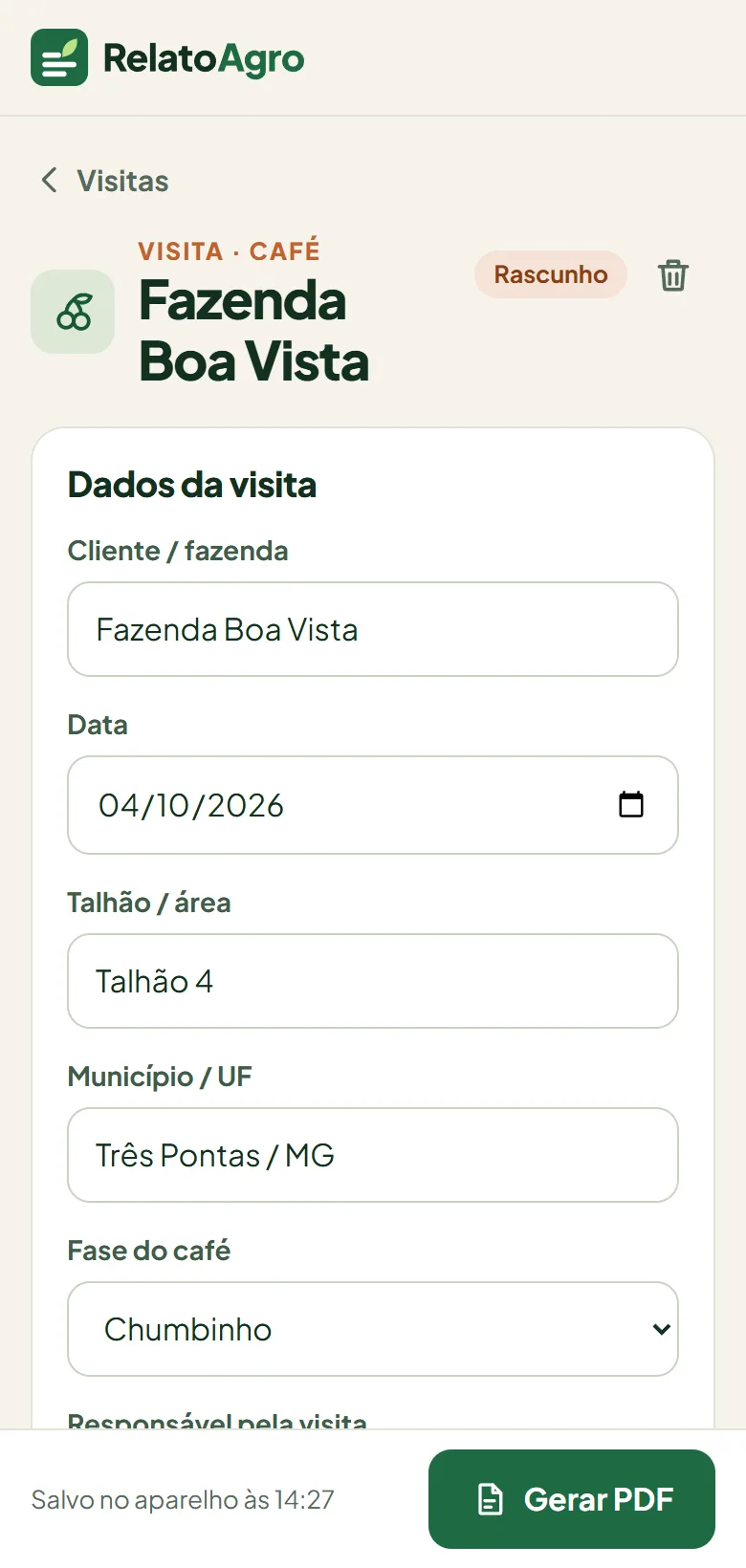 Tela do relatório com os dados da visita preenchidos