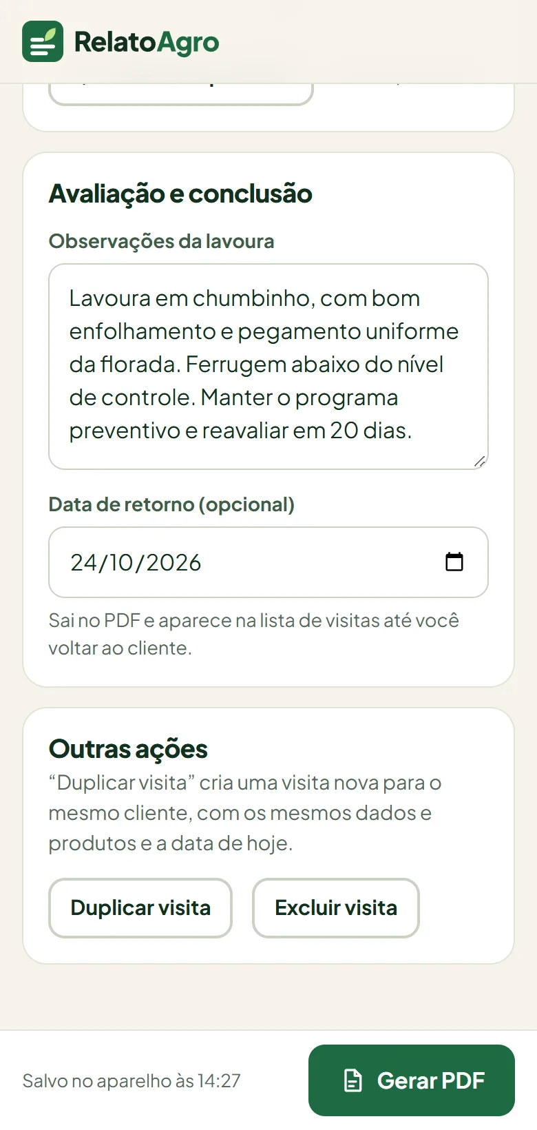 Campo de avaliação e conclusão e a data de retorno