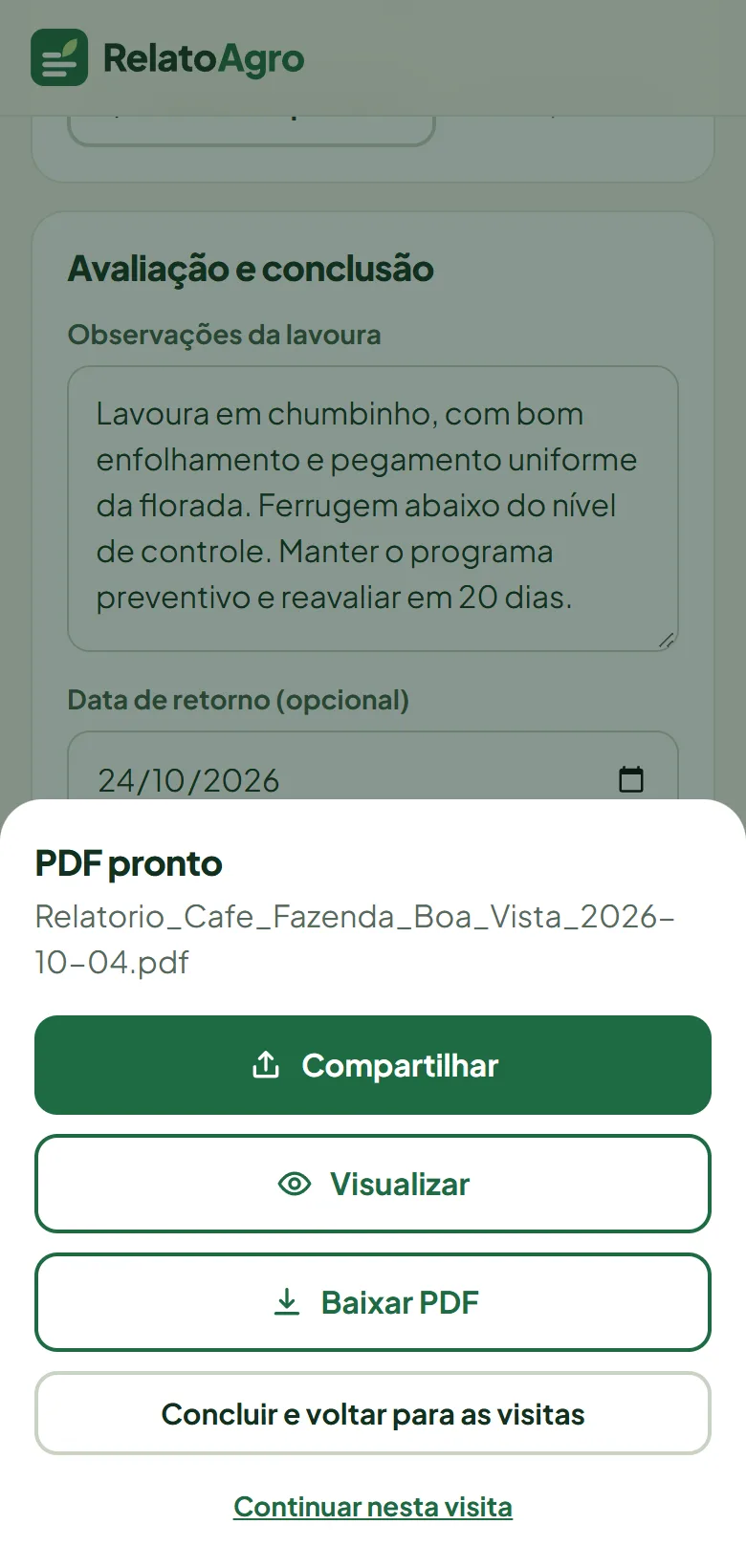 Aviso de PDF pronto com as opções Compartilhar, Visualizar, Baixar e Concluir