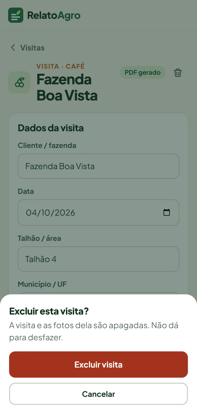 Confirmação para excluir a visita