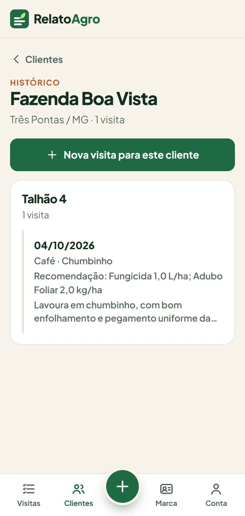 Histórico de um cliente, com as visitas por talhão