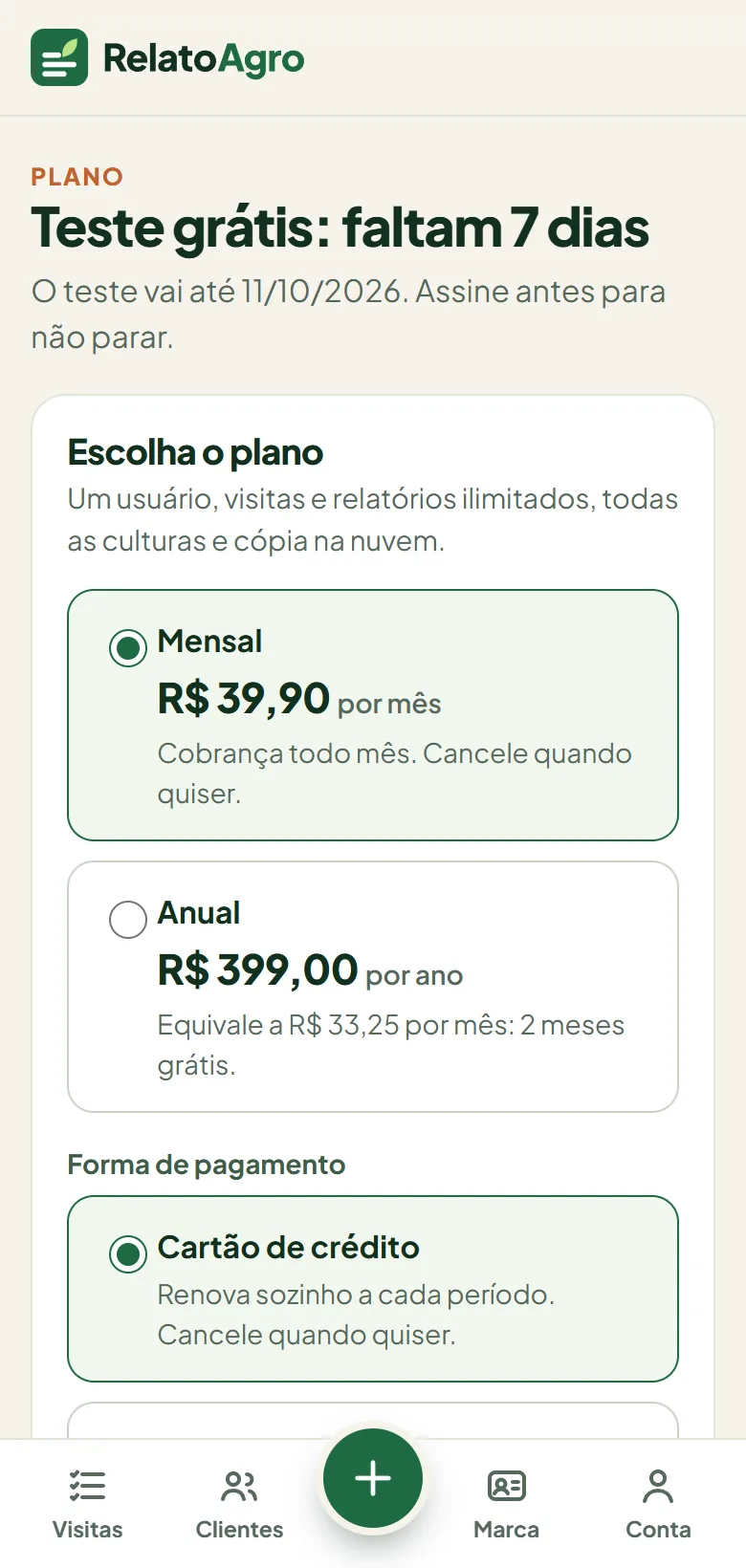 Tela de plano com as opções mensal e anual e o campo de cupom