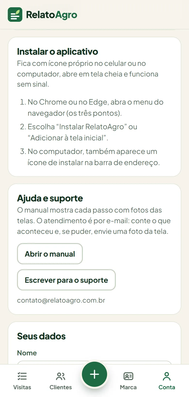 Cartão Instalar o aplicativo, na tela de conta