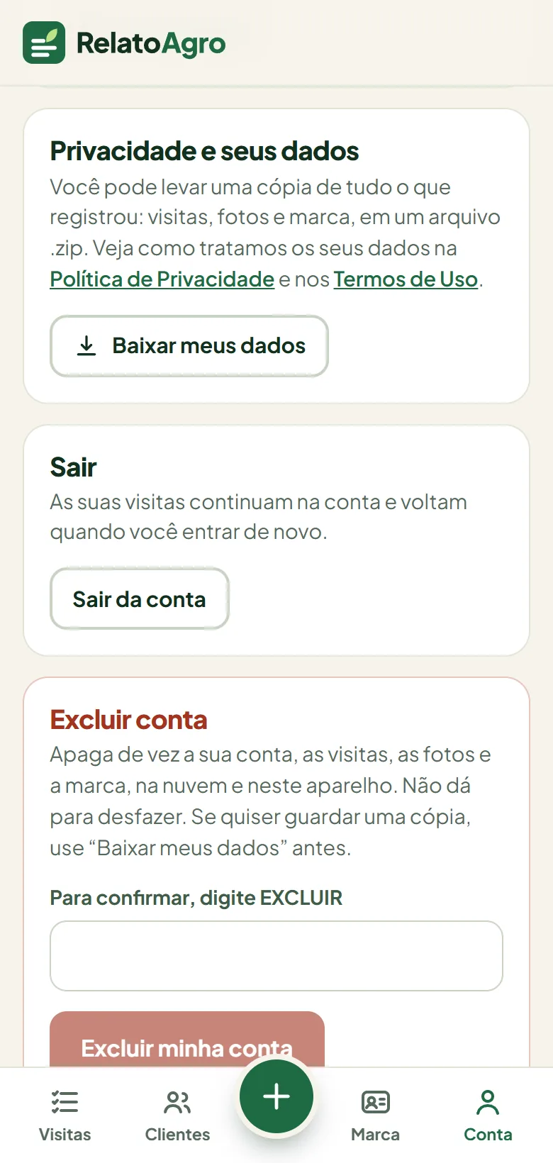 Tela de conta com as opções de privacidade e dados