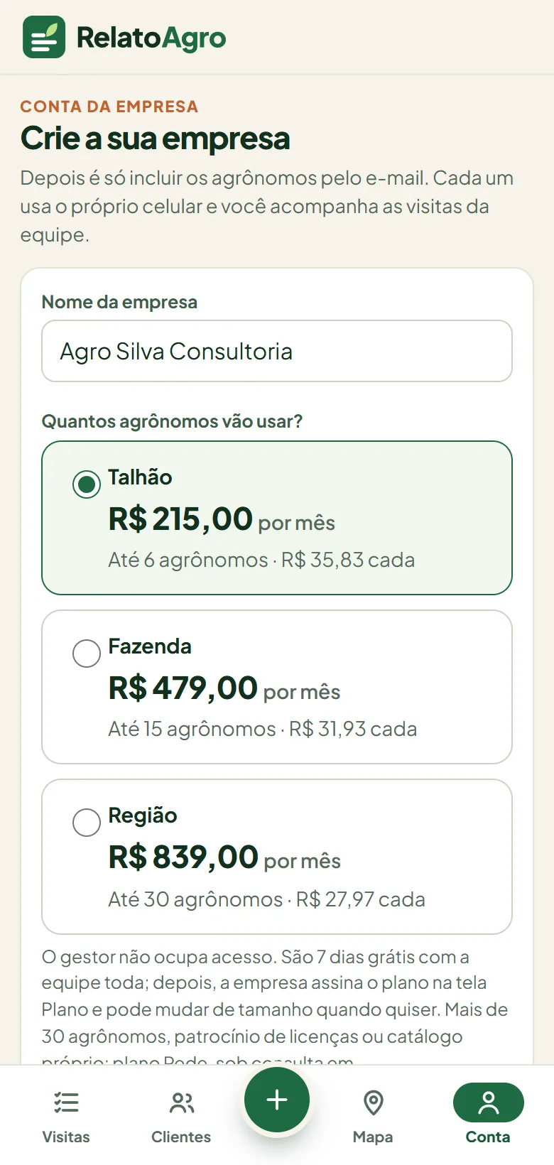 Tela Crie a sua empresa, com o nome da empresa e os planos Talhão, Fazenda e Região