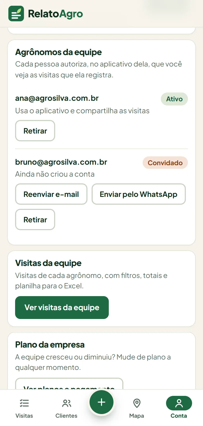 Lista de agrônomos da equipe, um ativo e um convidado com os botões de reenviar o convite