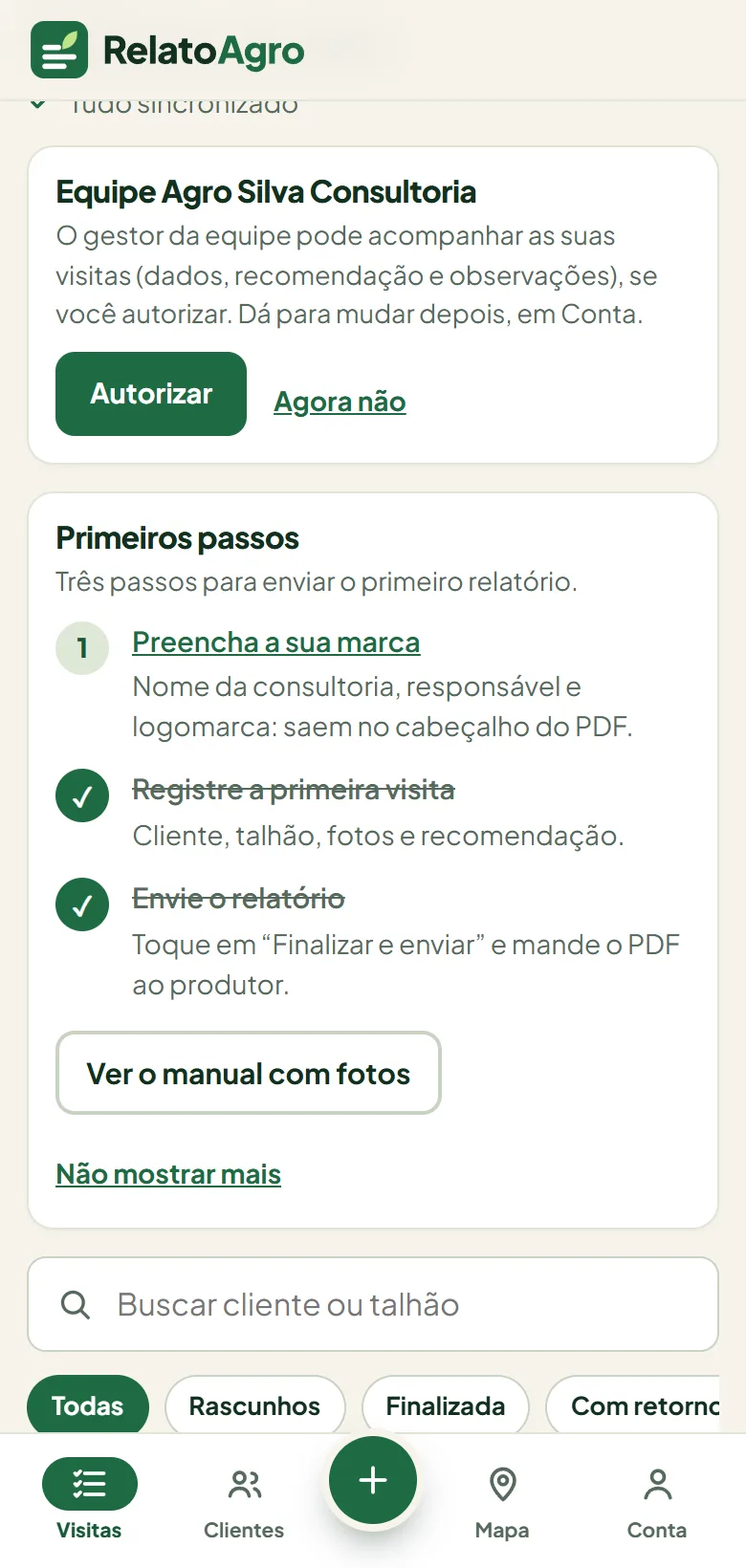 Tela inicial do agrônomo com o pedido da empresa e o botão Autorizar