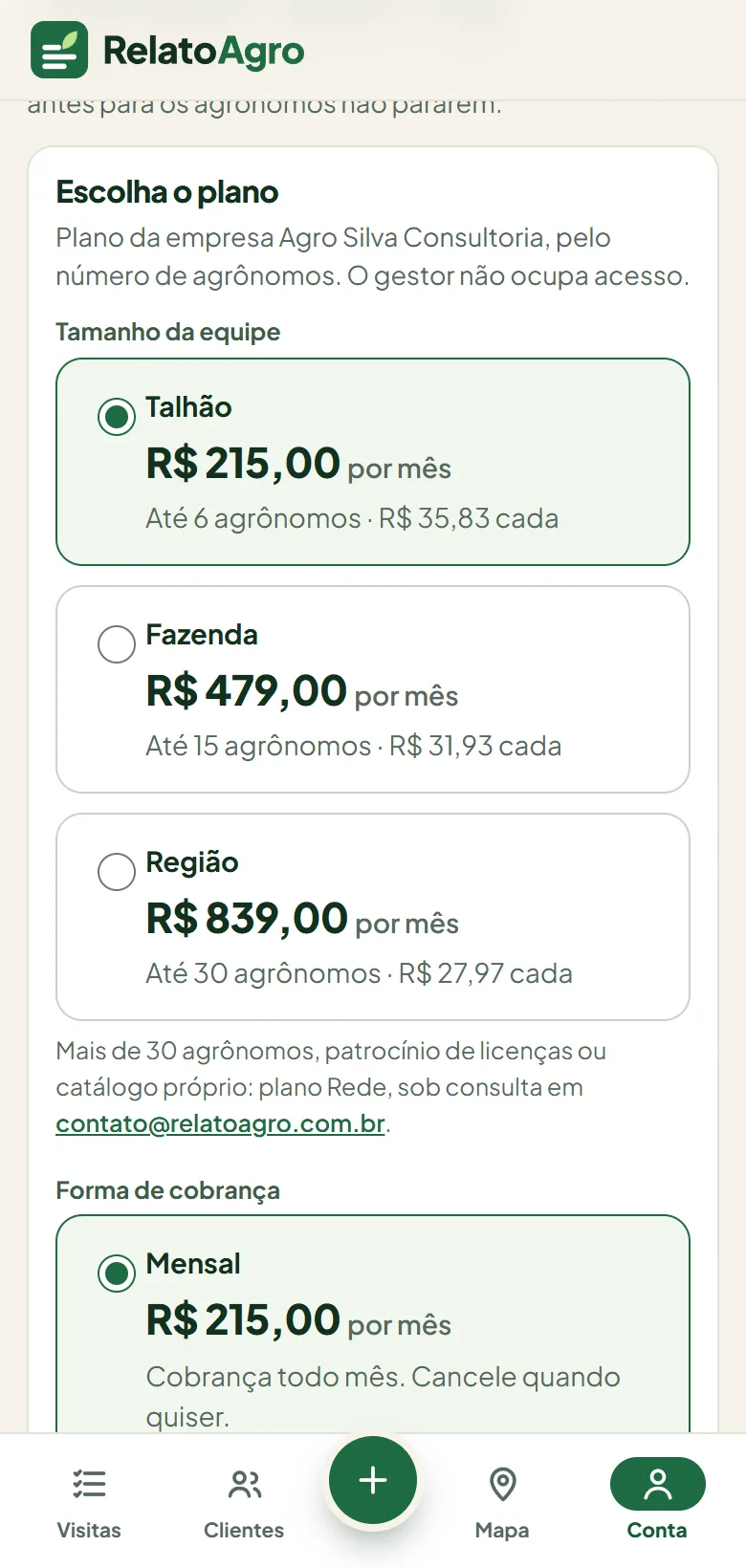 Tela de plano da empresa com Talhão, Fazenda e Região e a forma de cobrança