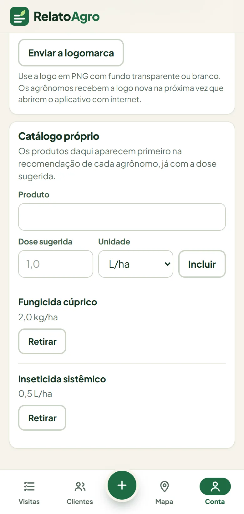 Cartão Catálogo próprio com produtos e doses sugeridas
