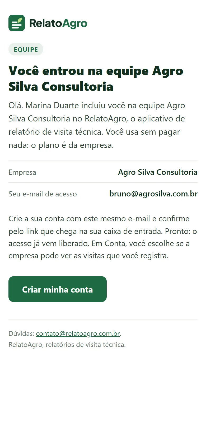 E-mail de convite: Você entrou na equipe, com o botão Criar minha conta