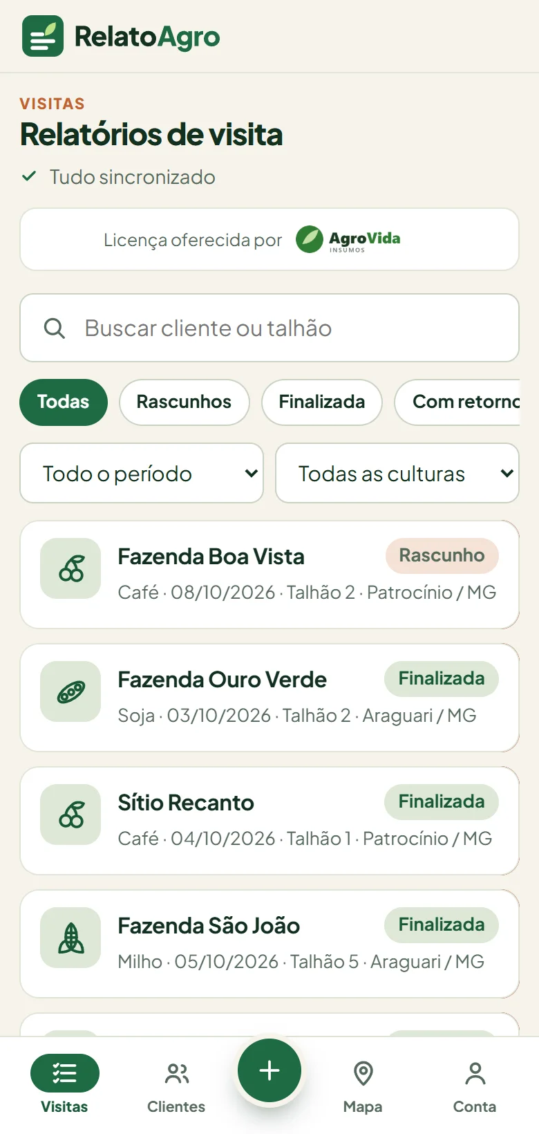 Tela inicial do agrônomo com Licença oferecida por e a logo do patrocinador