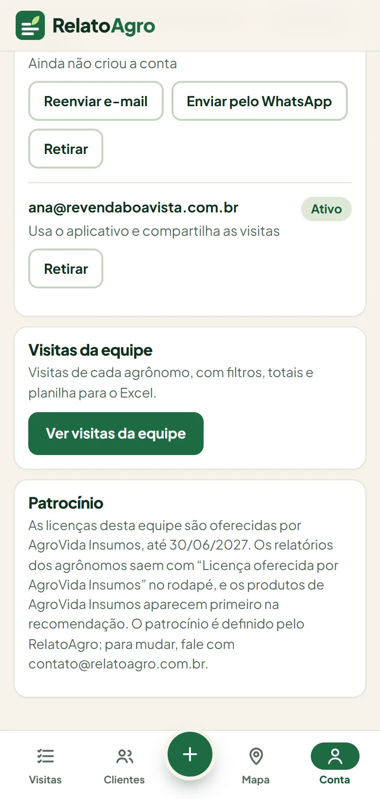 Tela Equipe do gestor com o cartão do patrocínio