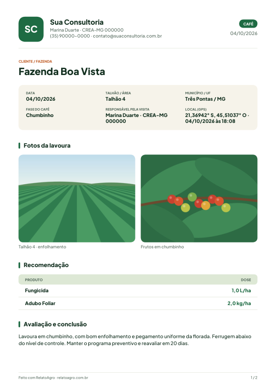 Primeira página do PDF de um relatório de visita gerado pelo RelatoAgro