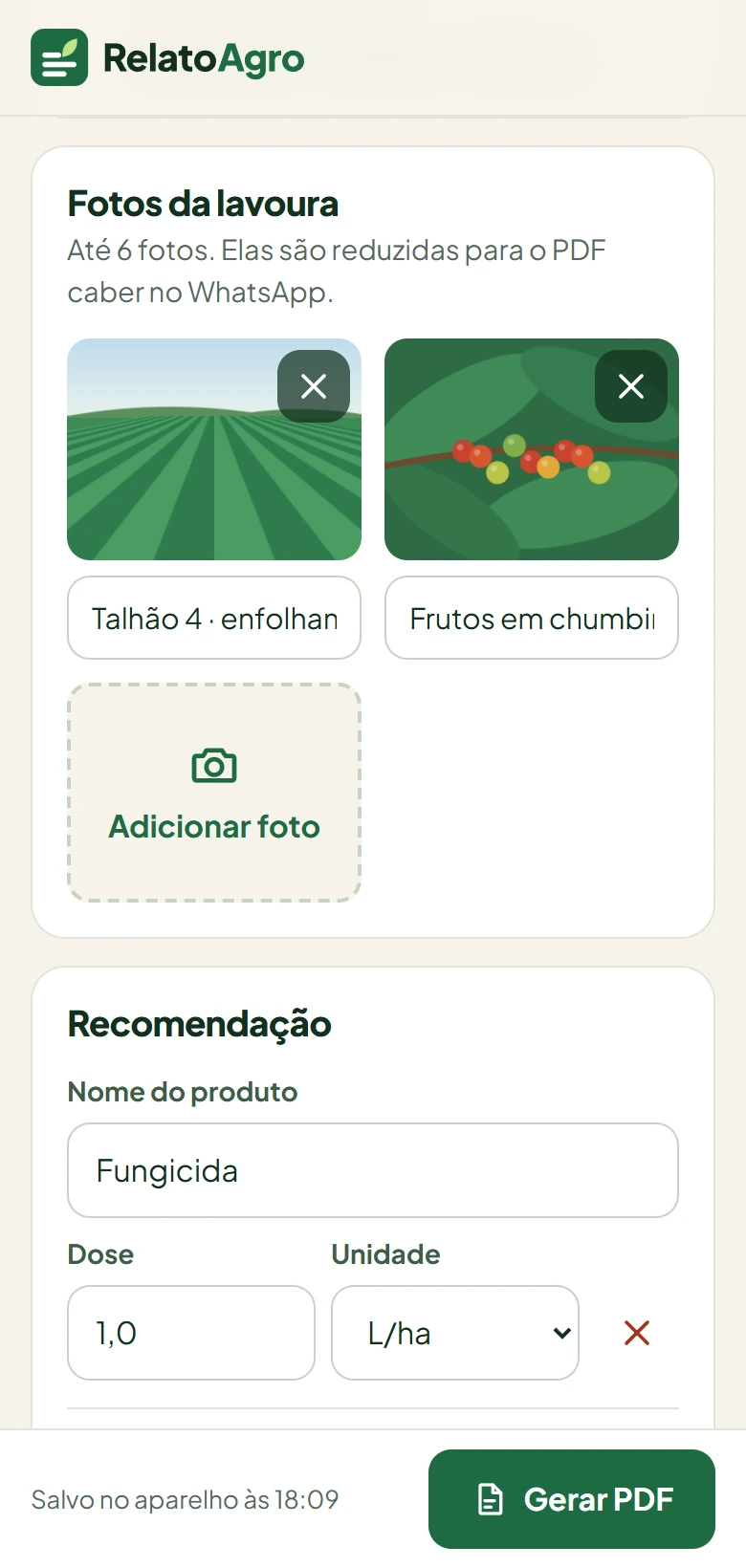 Tela do RelatoAgro no celular, com as fotos da lavoura e a recomendação da visita